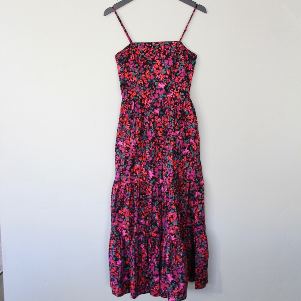 Evereve Black Floral Midi Dress w/ Pockets, Cinch Back, Small